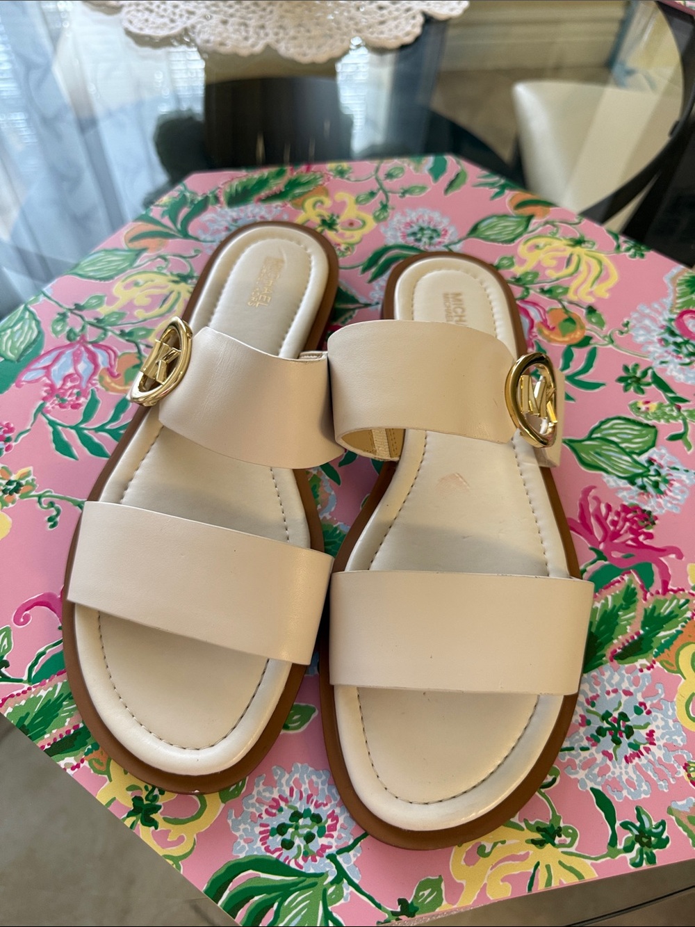 Michael Kors Cream Leather Slide Sandals with Gold MK Medallion